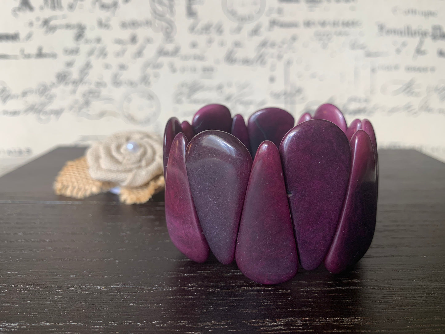 Purple tagua bracelet Beaded stretch bangle Statement teardrop bracelet Elastic cuff bangle Spring fashion trends Easter basket gifts