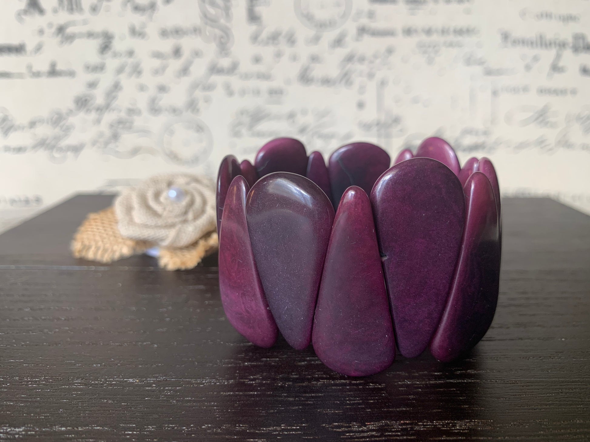 Purple tagua bracelet Beaded stretch bangle Statement teardrop bracelet Elastic cuff bangle Spring fashion trends Easter basket gifts