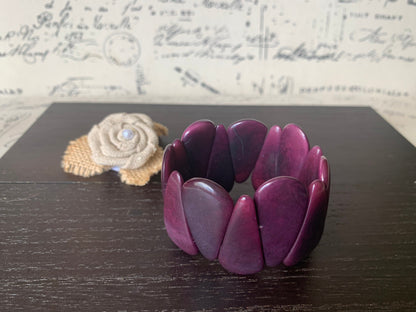 Purple tagua bracelet Beaded stretch bangle Statement teardrop bracelet Elastic cuff bangle Spring fashion trends Easter basket gifts