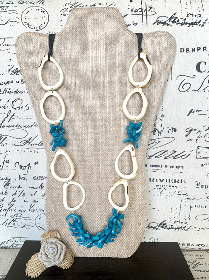White and blue extra long Tagua necklace Spring style Statement lightweight jewelry Anniversary gift for wife Mothers day gift Easter outfit