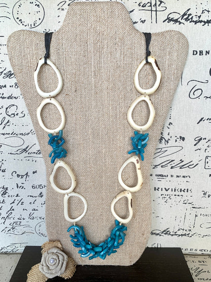 White and blue extra long Tagua necklace Spring style Statement lightweight jewelry Anniversary gift for wife Mothers day gift Easter outfit