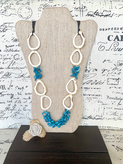 White and blue extra long Tagua necklace Spring style Statement lightweight jewelry Anniversary gift for wife Mothers day gift Easter outfit