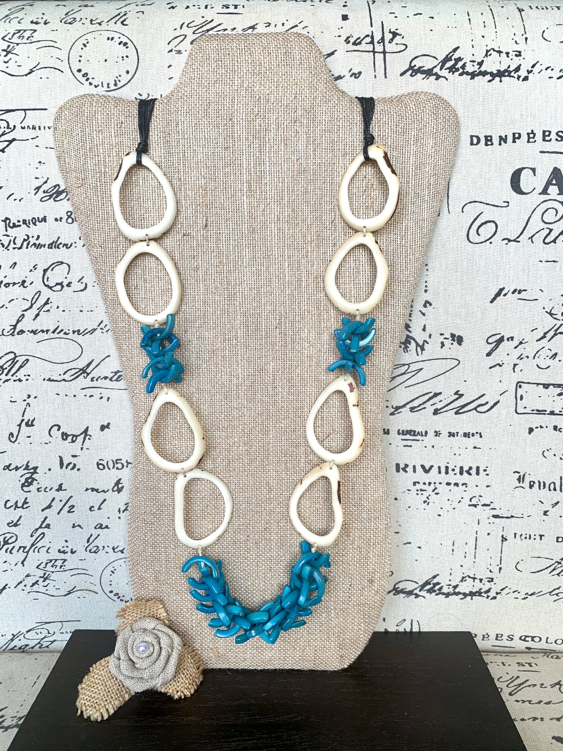 White and blue extra long Tagua necklace Spring style Statement lightweight jewelry Anniversary gift for wife Mothers day gift Easter outfit