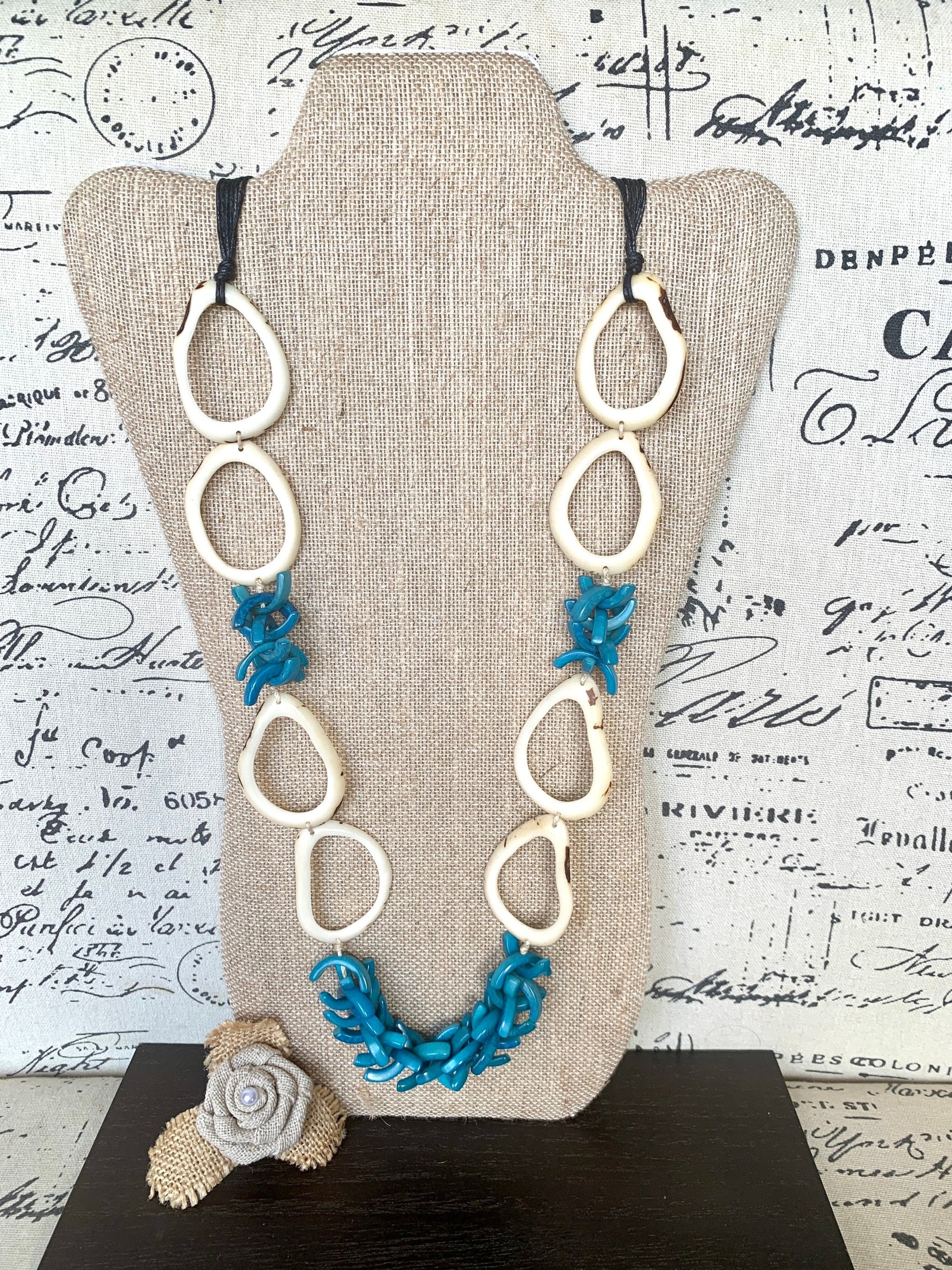 White and blue extra long Tagua necklace Spring style Statement lightweight jewelry Anniversary gift for wife Mothers day gift Easter outfit