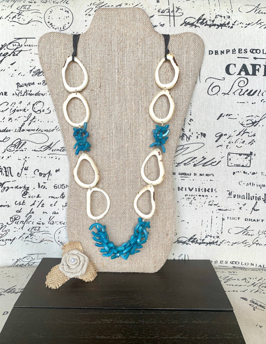 White and blue extra long Tagua necklace Spring style Statement lightweight jewelry Anniversary gift for wife Mothers day gift Easter outfit