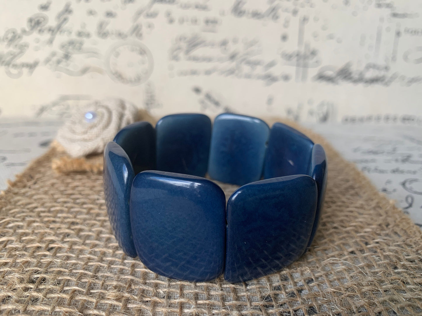 Blue statement bracelet Tagua nut jewelry Big bold bangle Spring fashion Wide cuff bangle Beaded stretch bracelet Elastic bangle Organic