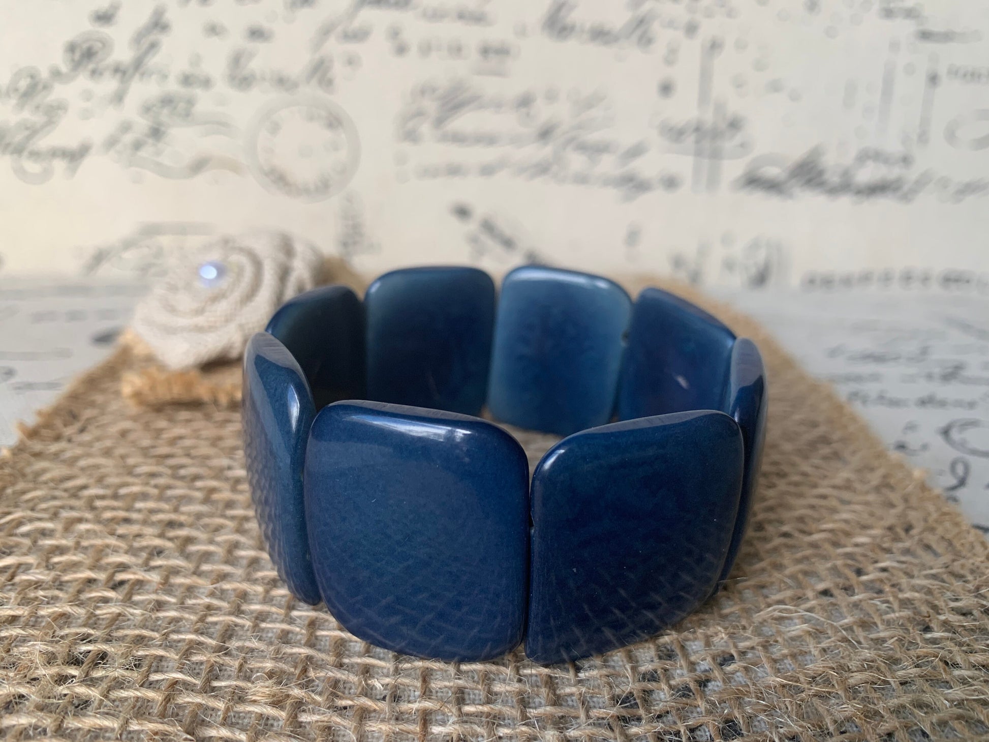 Blue statement bracelet Tagua nut jewelry Big bold bangle Spring fashion Wide cuff bangle Beaded stretch bracelet Elastic bangle Organic