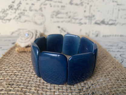 Blue statement bracelet Tagua nut jewelry Big bold bangle Spring fashion Wide cuff bangle Beaded stretch bracelet Elastic bangle Organic