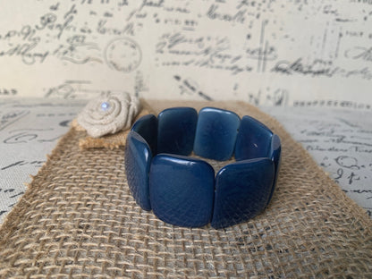 Blue statement bracelet Tagua nut jewelry Big bold bangle Spring fashion Wide cuff bangle Beaded stretch bracelet Elastic bangle Organic