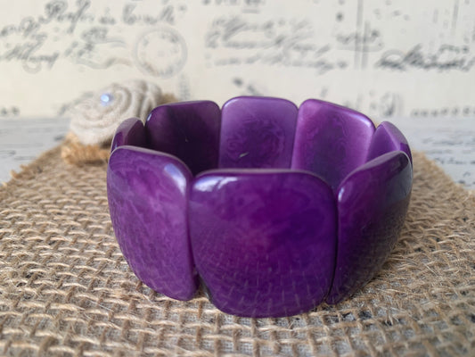 Purple statement bracelet Tagua jewelry Square geometric bracelet Birthday gift for wife Oversized huge handmade beads Elastic stretch