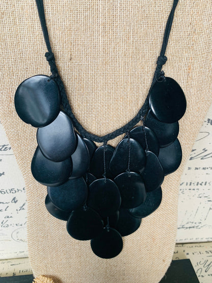 Black statement lightweight necklace Tagua jewelry Big bold chunky necklace Anniversary gift Fall trendy fashion Macrame adjustable bib