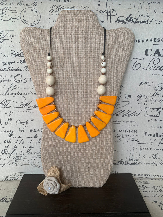 Mustard yellow and white statement Tagua nut necklace Fall fashion trends Holidays style Adjustable lightweight beaded necklace Gift for mom