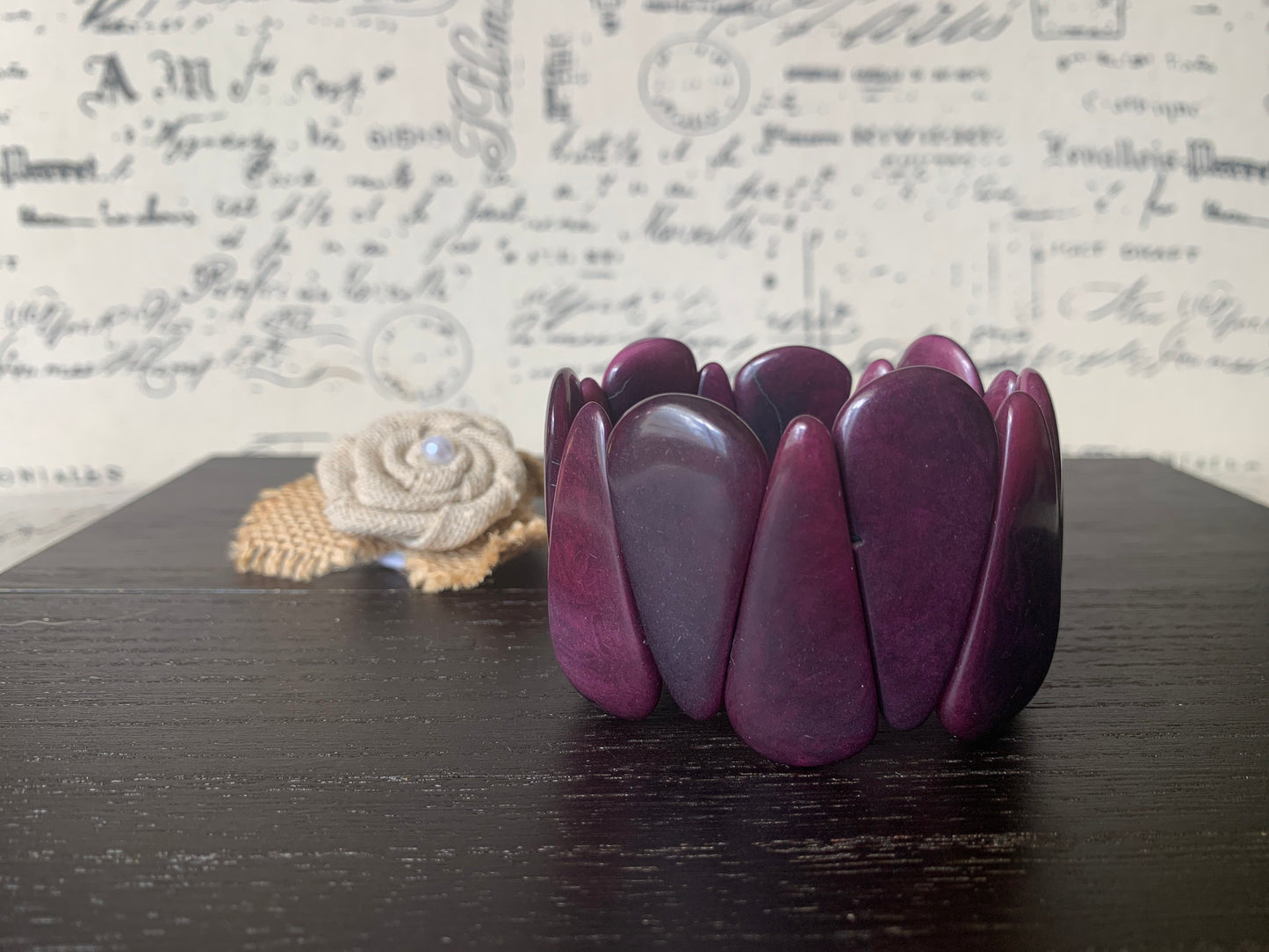 Purple tagua bracelet Beaded stretch bangle Statement teardrop bracelet Elastic cuff bangle Spring fashion trends Easter basket gifts