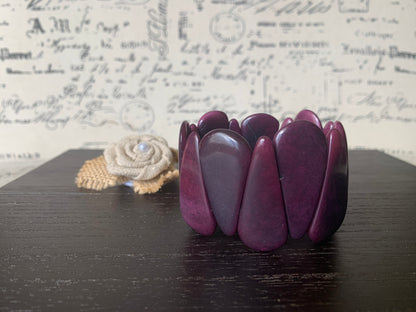 Purple tagua bracelet Beaded stretch bangle Statement teardrop bracelet Elastic cuff bangle Spring fashion trends Easter basket gifts