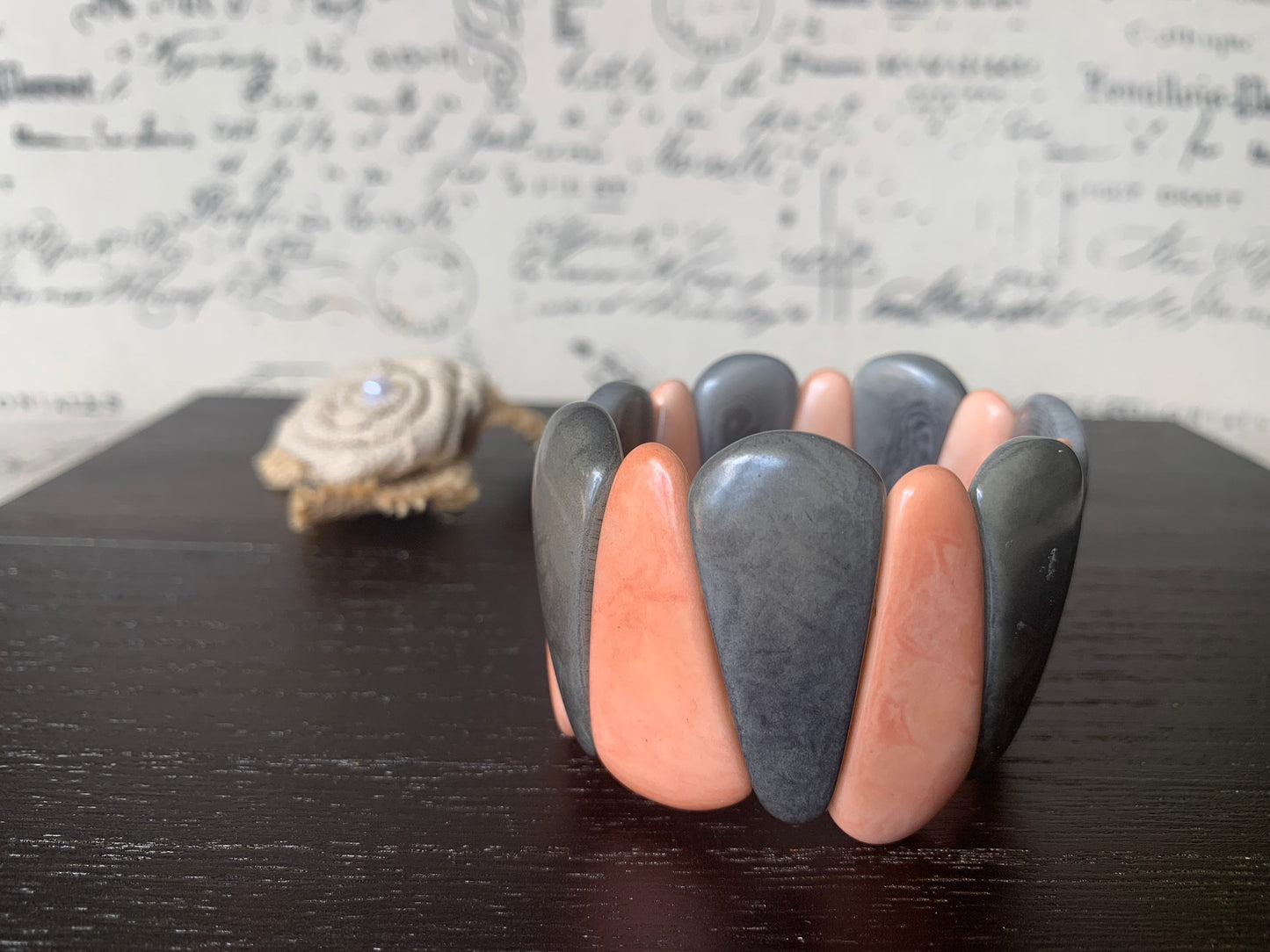 Peach and gray tagua bracelet Fall fashion trends Resort wear Spring beaded stretch bangle Statement teardrop bracelet Elastic bangle