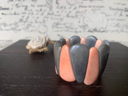 Peach and gray tagua bracelet Fall fashion trends Resort wear Spring beaded stretch bangle Statement teardrop bracelet Elastic bangle