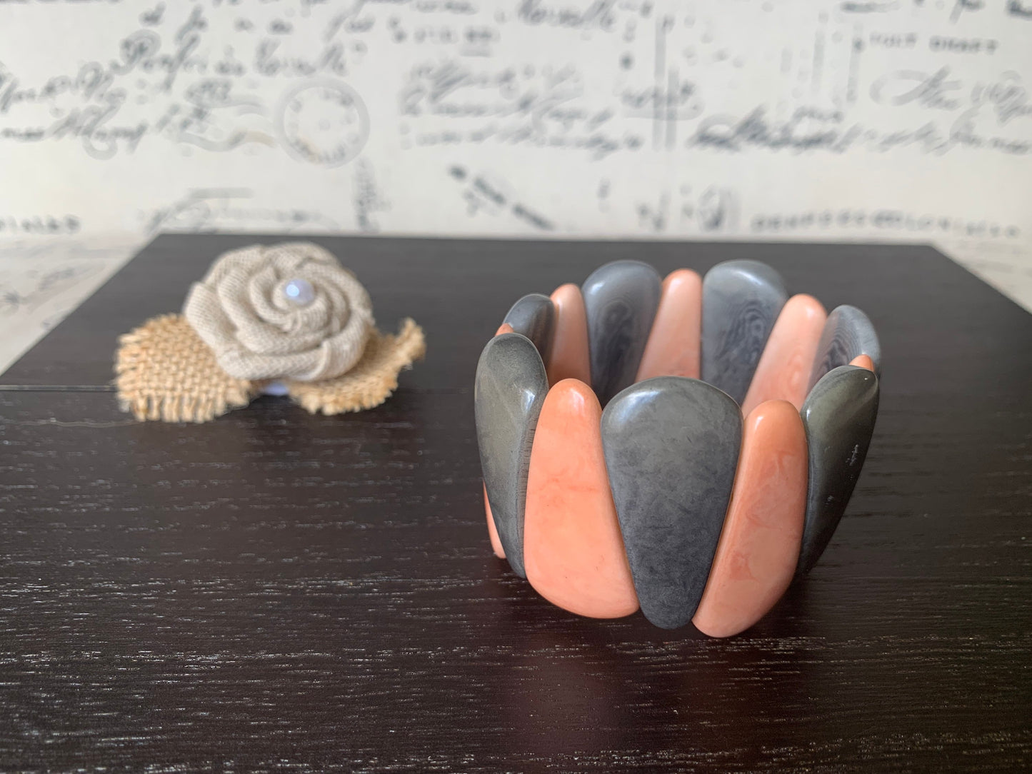 Peach and gray tagua bracelet Fall fashion trends Resort wear Spring beaded stretch bangle Statement teardrop bracelet Elastic bangle