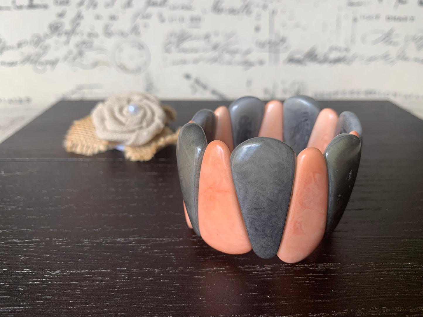 Peach and gray tagua bracelet Fall fashion trends Resort wear Spring beaded stretch bangle Statement teardrop bracelet Elastic bangle