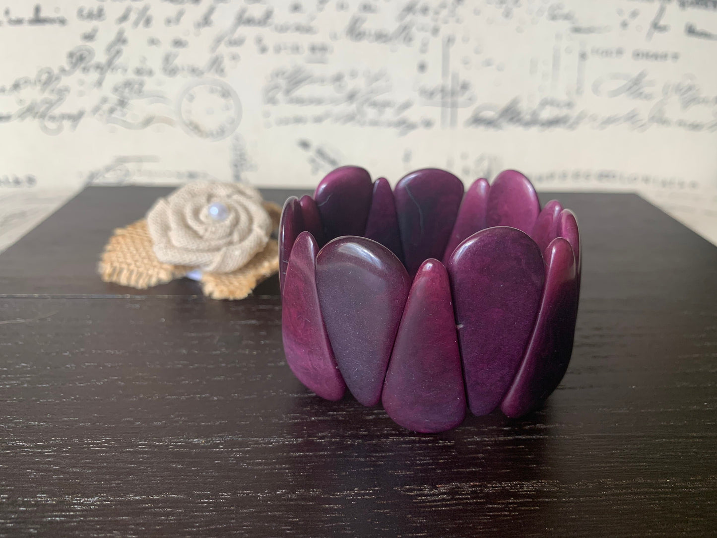 Purple tagua bracelet Beaded stretch bangle Statement teardrop bracelet Elastic cuff bangle Spring fashion trends Easter basket gifts