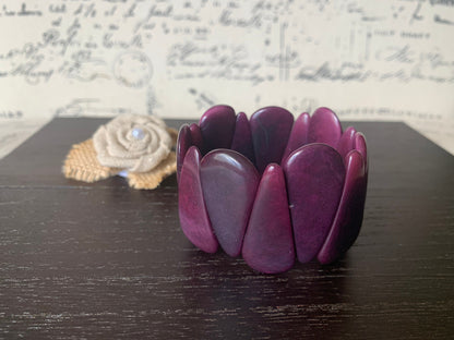 Purple tagua bracelet Beaded stretch bangle Statement teardrop bracelet Elastic cuff bangle Spring fashion trends Easter basket gifts