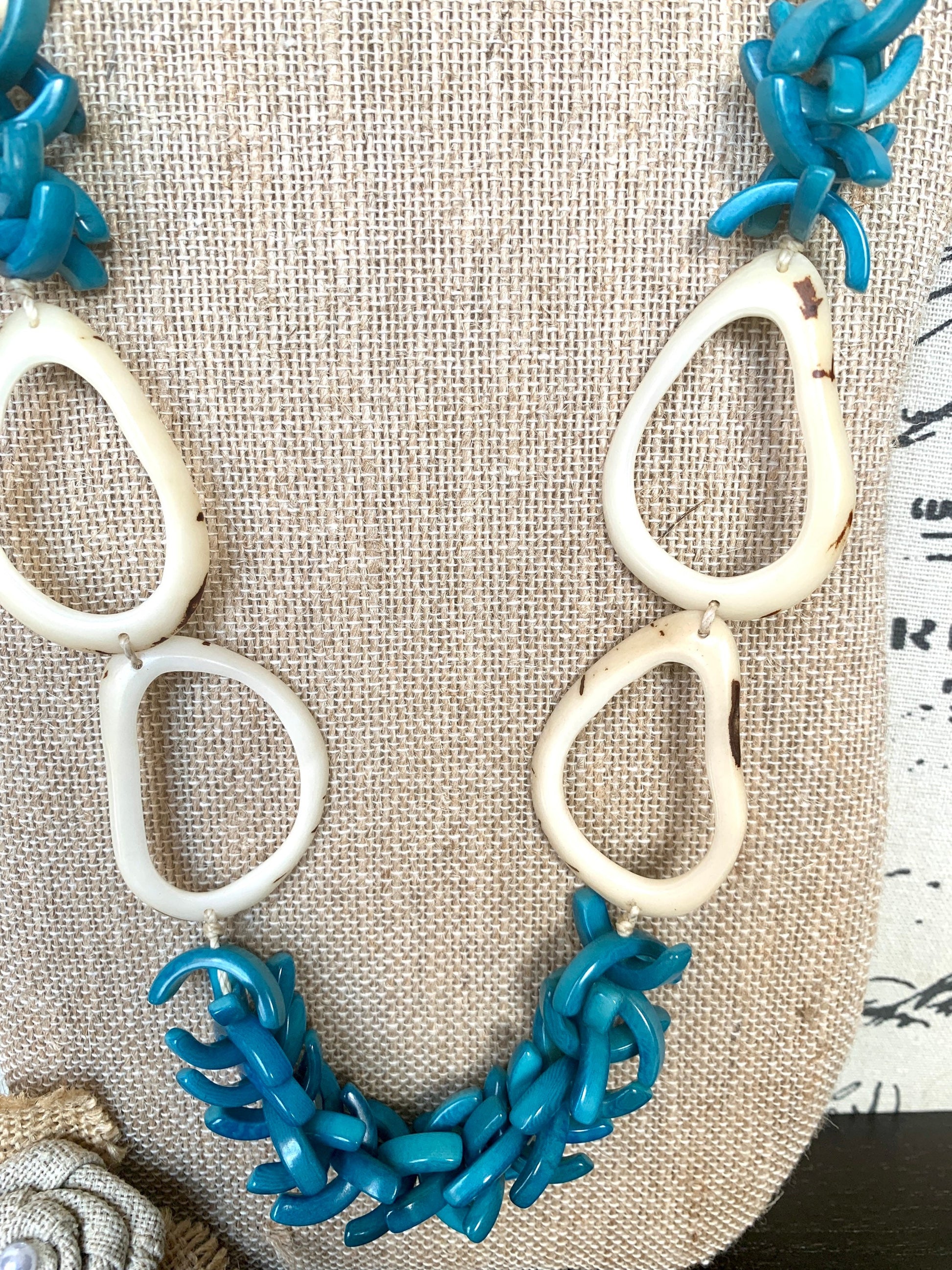 White and blue extra long Tagua necklace Spring style Statement lightweight jewelry Anniversary gift for wife Mothers day gift Easter outfit