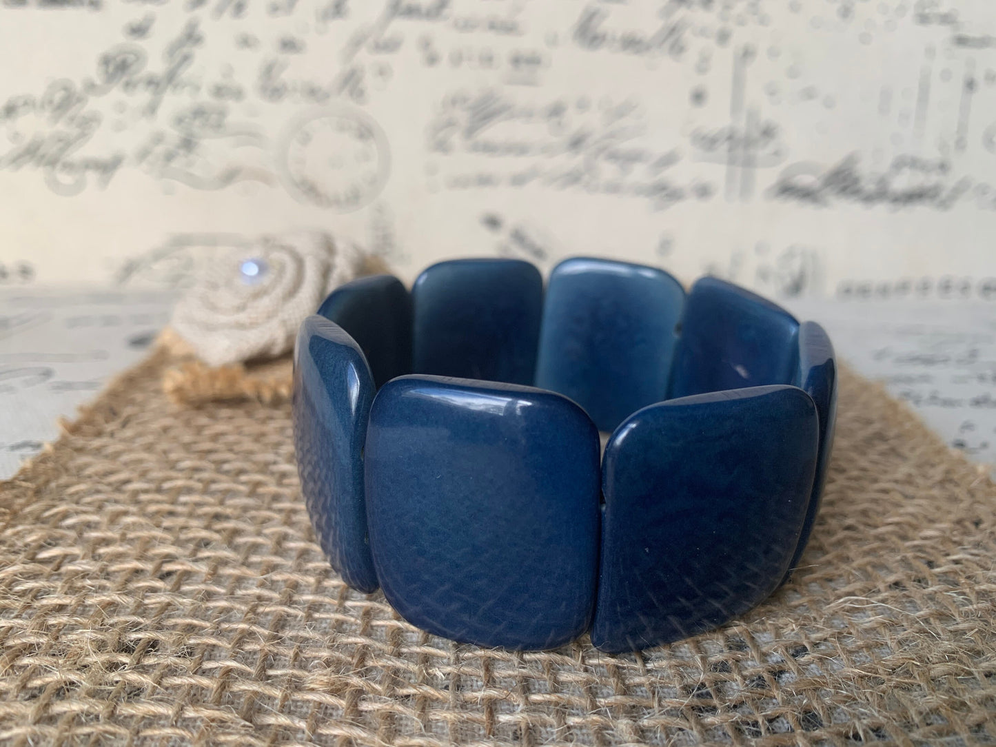 Blue statement bracelet Tagua nut jewelry Big bold bangle Spring fashion Wide cuff bangle Beaded stretch bracelet Elastic bangle Organic