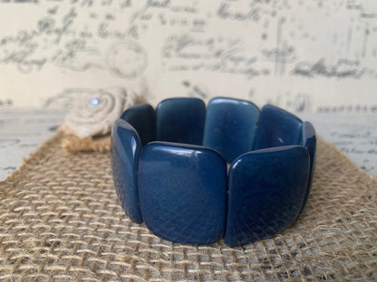 Blue statement bracelet Tagua nut jewelry Big bold bangle Spring fashion Wide cuff bangle Beaded stretch bracelet Elastic bangle Organic