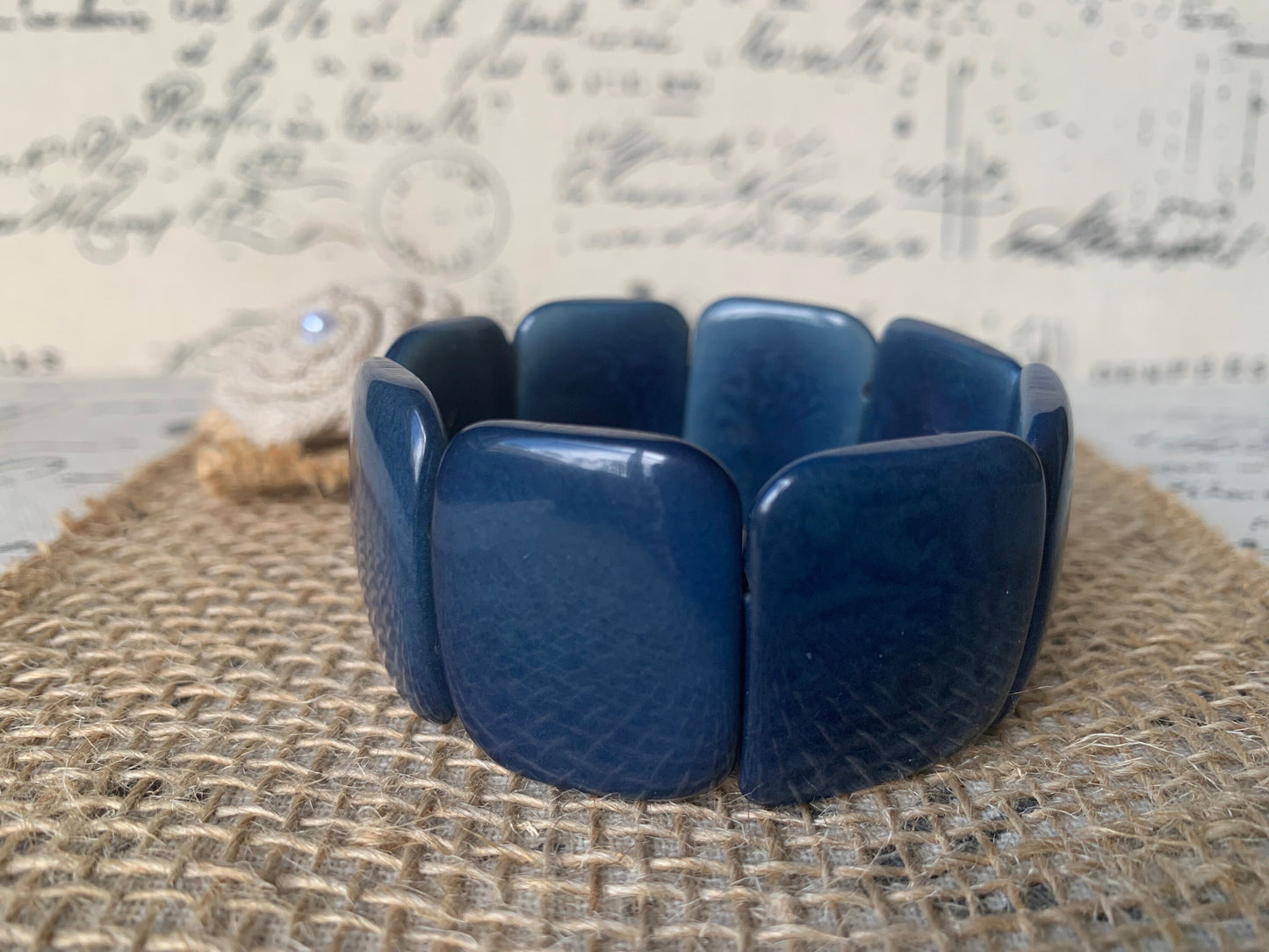 Blue statement bracelet Tagua nut jewelry Big bold bangle Spring fashion Wide cuff bangle Beaded stretch bracelet Elastic bangle Organic