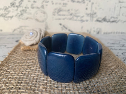 Blue statement bracelet Tagua nut jewelry Big bold bangle Spring fashion Wide cuff bangle Beaded stretch bracelet Elastic bangle Organic