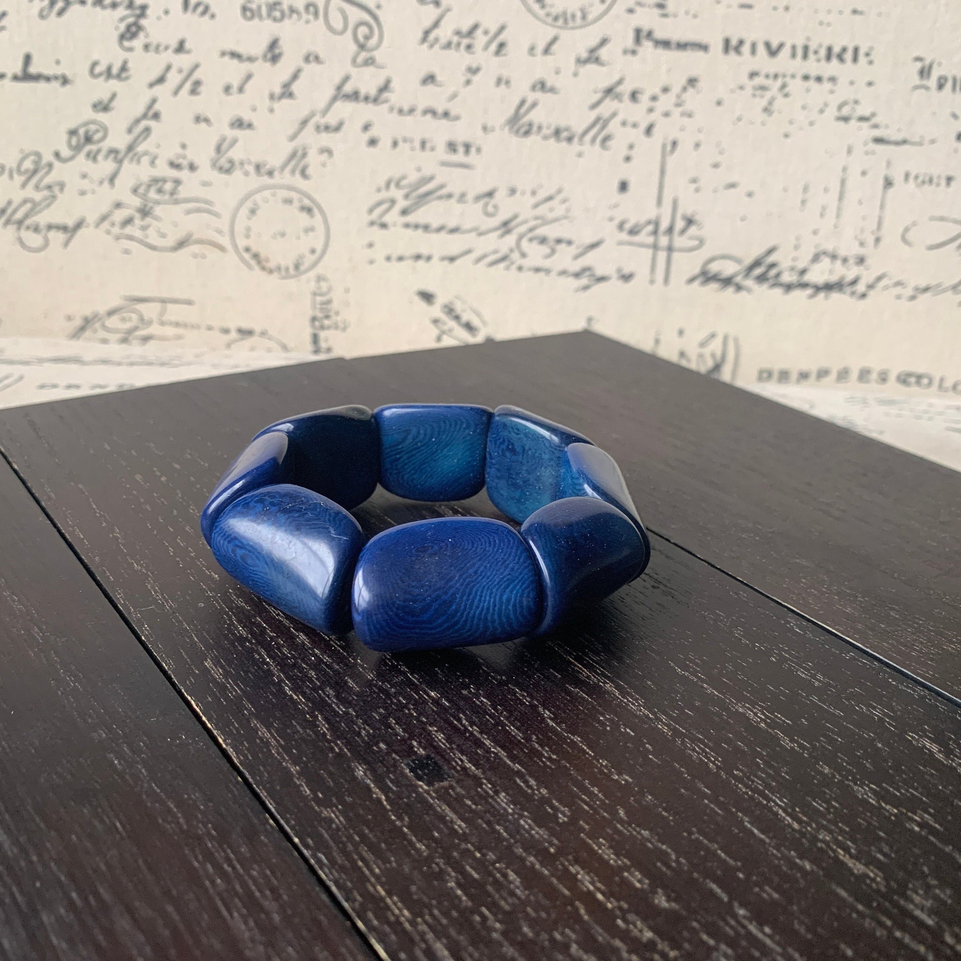 Blue wide cuff bracelet Tagua jewelry Spring fashion Big and bold funky boho bracelets Beaded stretch bangle Mothers day gifts Easter basket