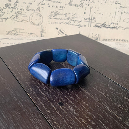 Blue wide cuff bracelet Tagua jewelry Spring fashion Big and bold funky boho bracelets Beaded stretch bangle Mothers day gifts Easter basket