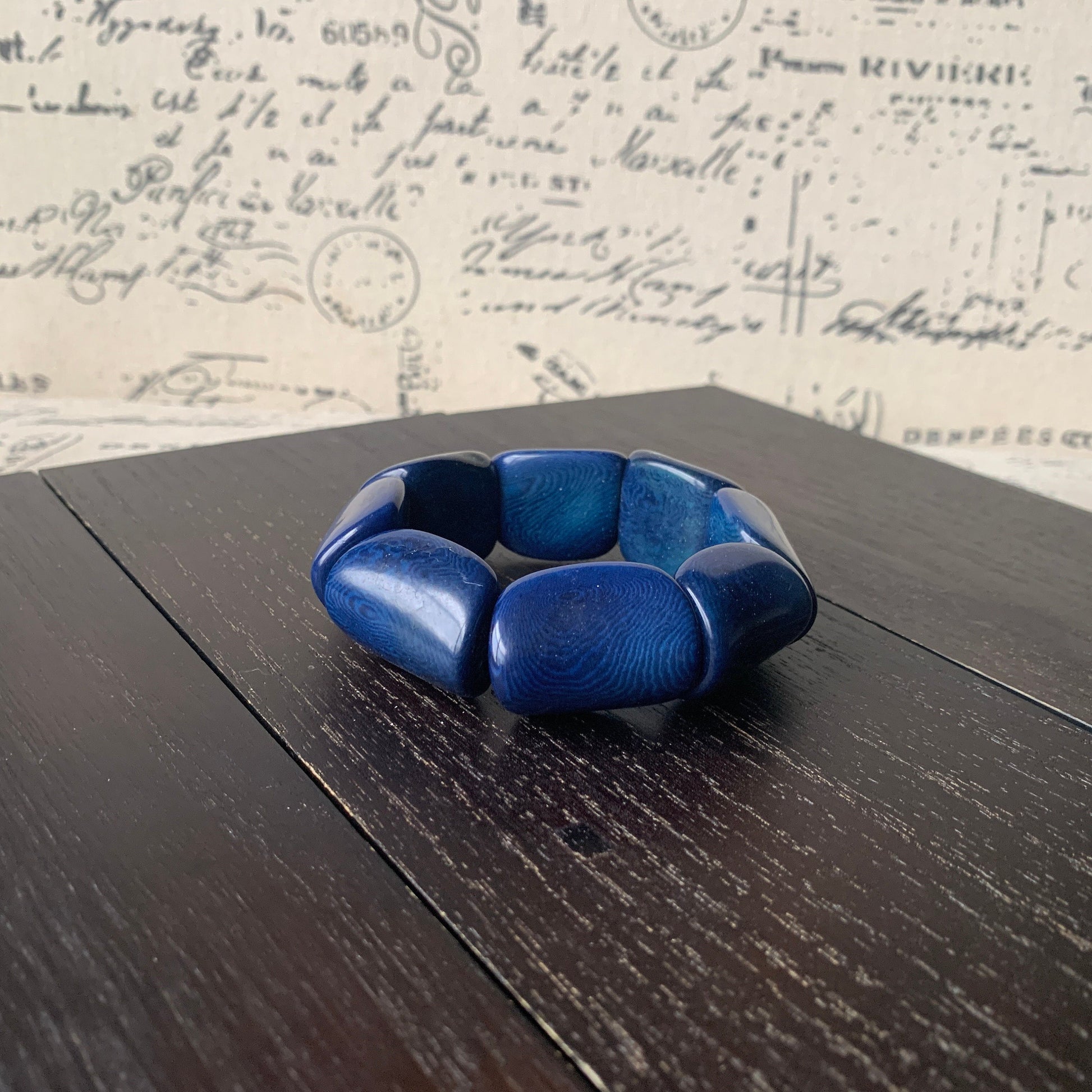 Blue wide cuff bracelet Tagua jewelry Spring fashion Big and bold funky boho bracelets Beaded stretch bangle Mothers day gifts Easter basket
