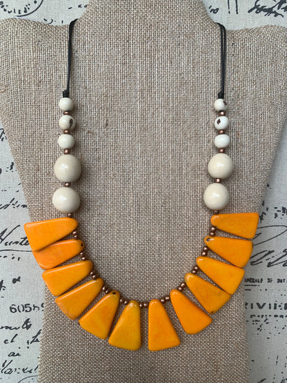 Mustard yellow and white statement Tagua nut necklace Fall fashion trends Holidays style Adjustable lightweight beaded necklace Gift for mom