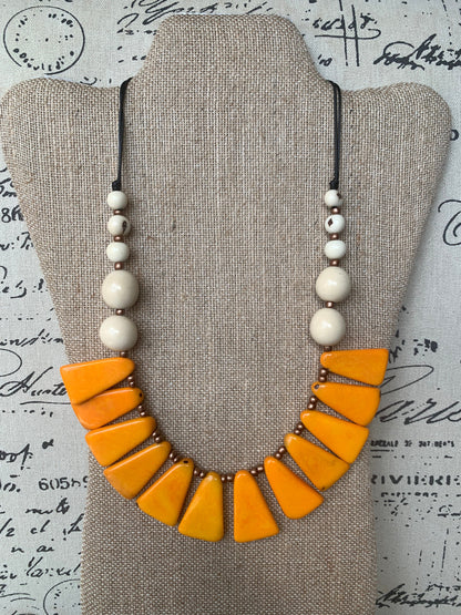 Mustard yellow and white statement Tagua nut necklace Fall fashion trends Holidays style Adjustable lightweight beaded necklace Gift for mom