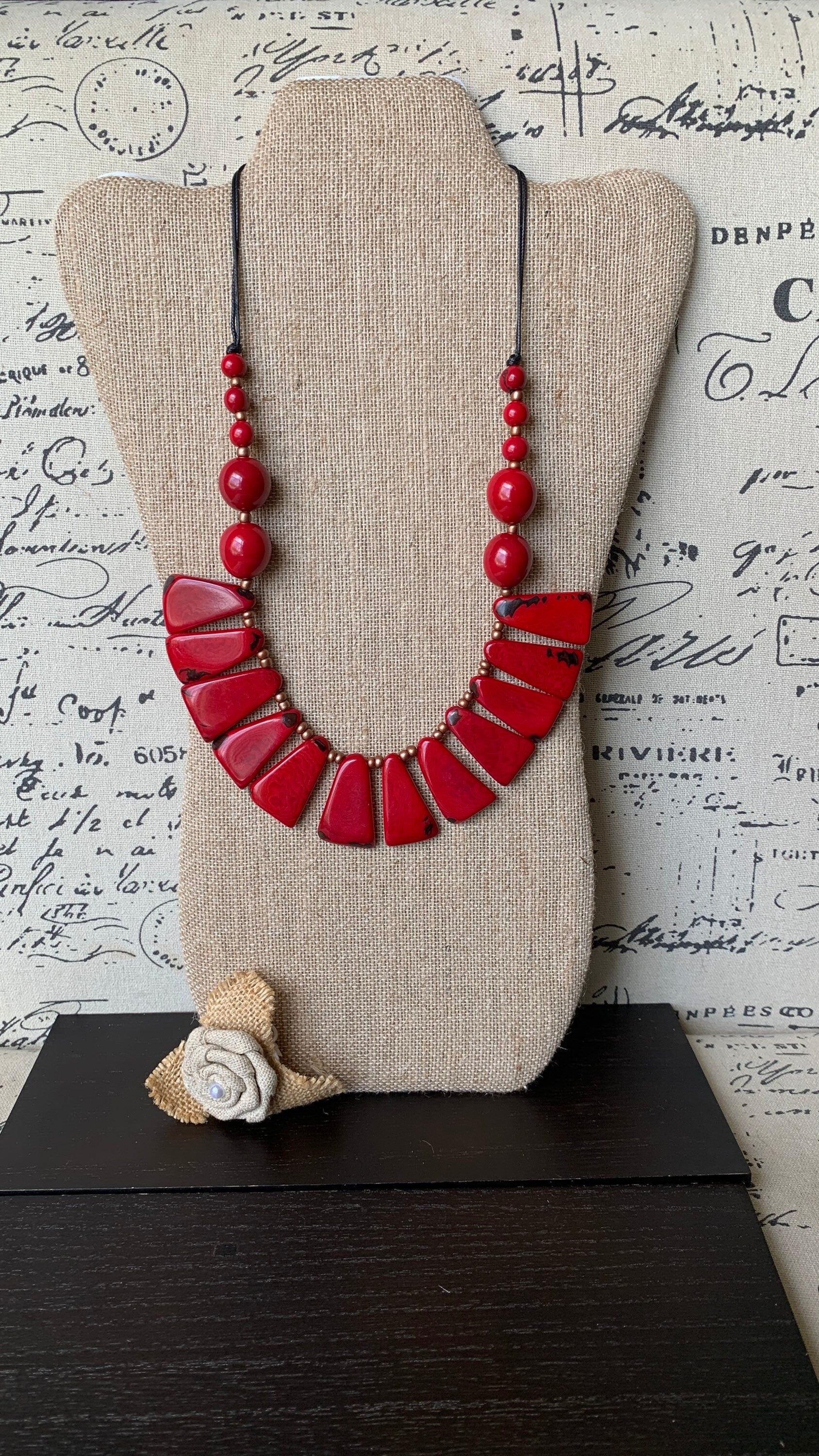 Red statement necklace Tagua jewelry Holidays fashion Adjustable lightweight beaded necklace Anniversary present Christmas gifts for mom