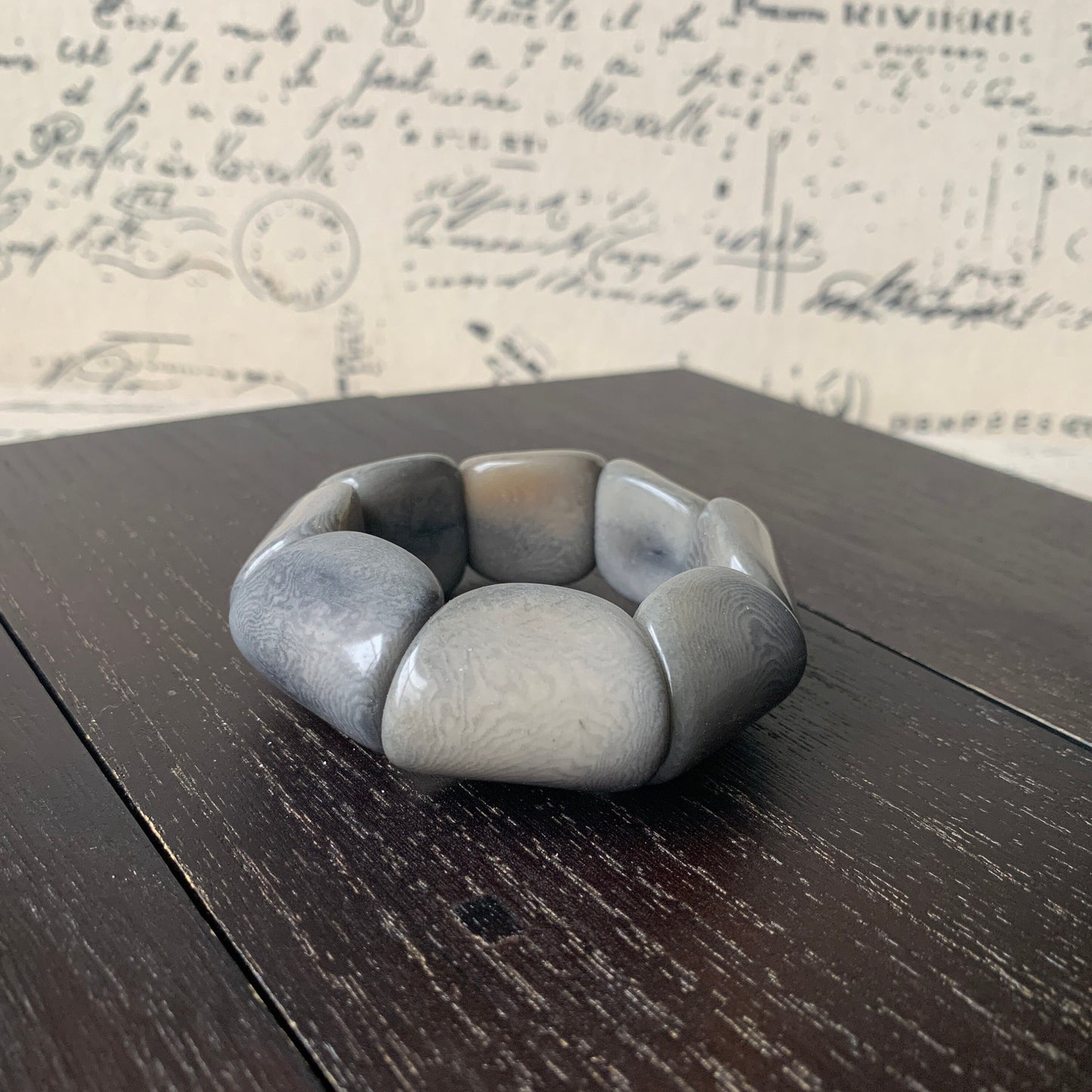 Gray wide cuff bracelet Tagua nut jewelry Big and bold funky boho bracelets Beaded stretch bangle Elastic bracelet Summer fashion trends