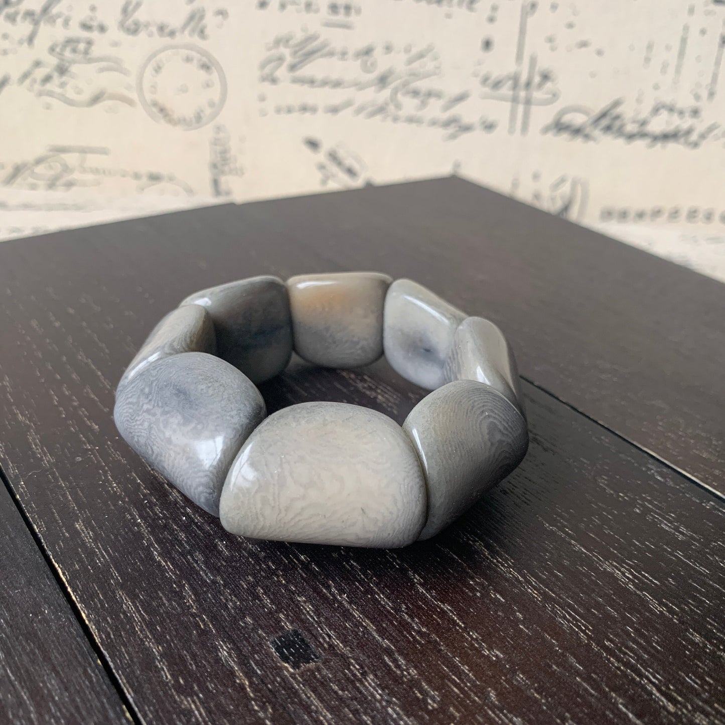 Gray wide cuff bracelet Tagua nut jewelry Big and bold funky boho bracelets Beaded stretch bangle Elastic bracelet Summer fashion trends