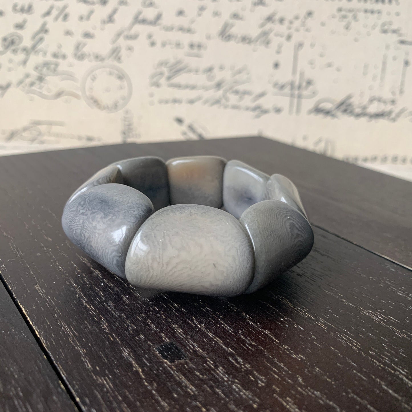 Gray wide cuff bracelet Tagua nut jewelry Big and bold funky boho bracelets Beaded stretch bangle Elastic bracelet Summer fashion trends