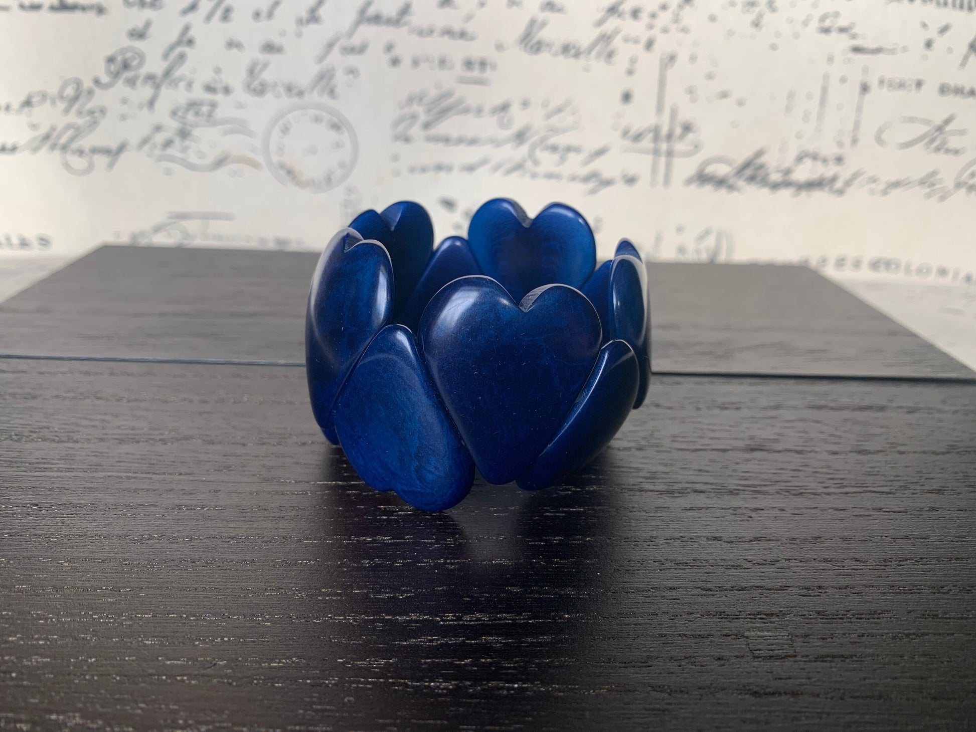Blue heart shaped beads bracelet Tagua jewelry Love bangle Girlfriend birthday Fall fashion trends Stretchy elastic bracelet Beach style