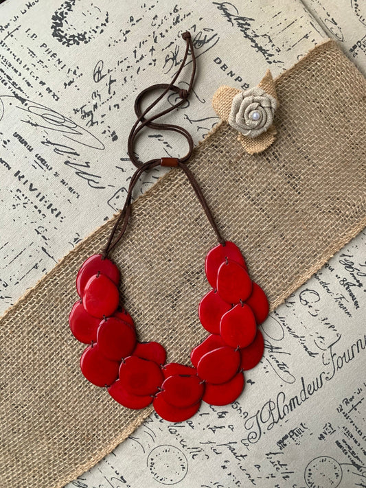 Red triple layer statement necklace Tagua nut jewelry Big bold chunky necklace Triple 3 strands bib collar Anniversary gift ideas for wife