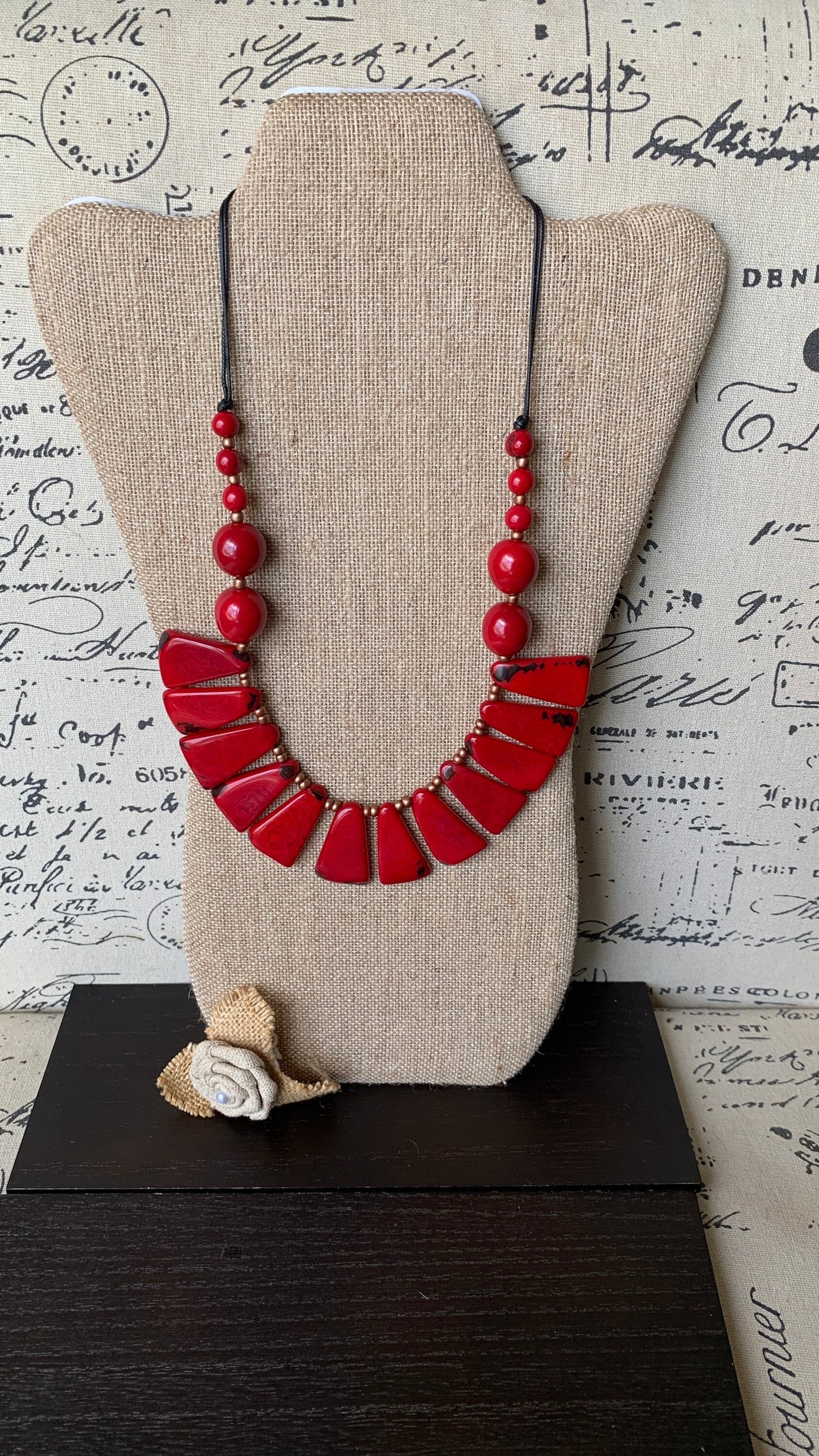 Red statement necklace Tagua jewelry Holidays fashion Adjustable lightweight beaded necklace Anniversary present Christmas gifts for mom