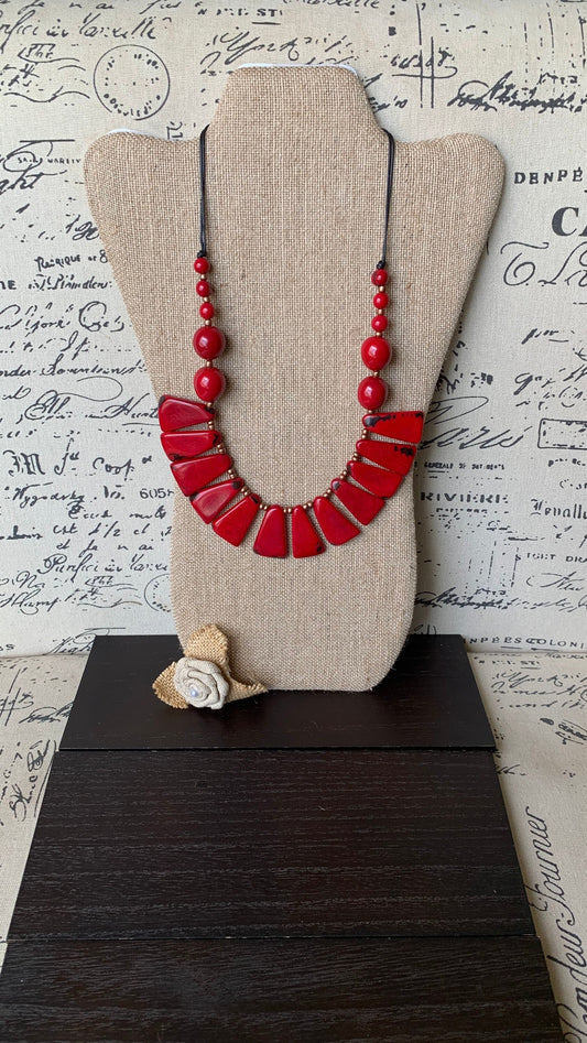 Red statement necklace Tagua jewelry Holidays fashion Adjustable lightweight beaded necklace Anniversary present Christmas gifts for mom