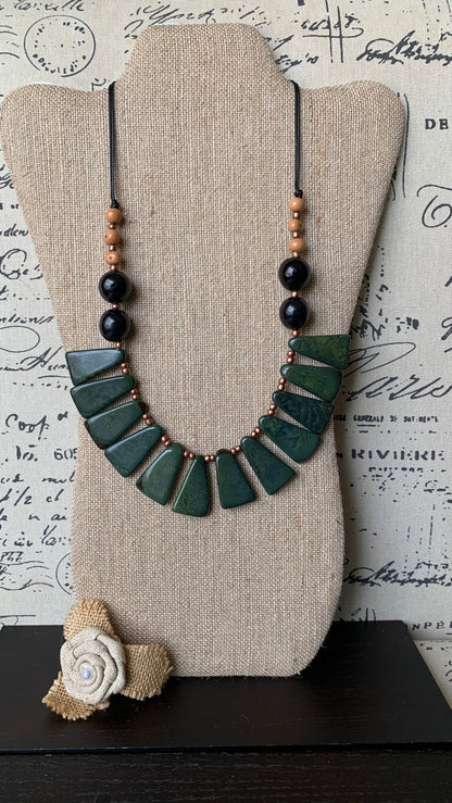 Green statement adjustable Tagua necklace Xmas fashion Holidays gift Big bold chunky necklace Anniversary present Lightweight bib