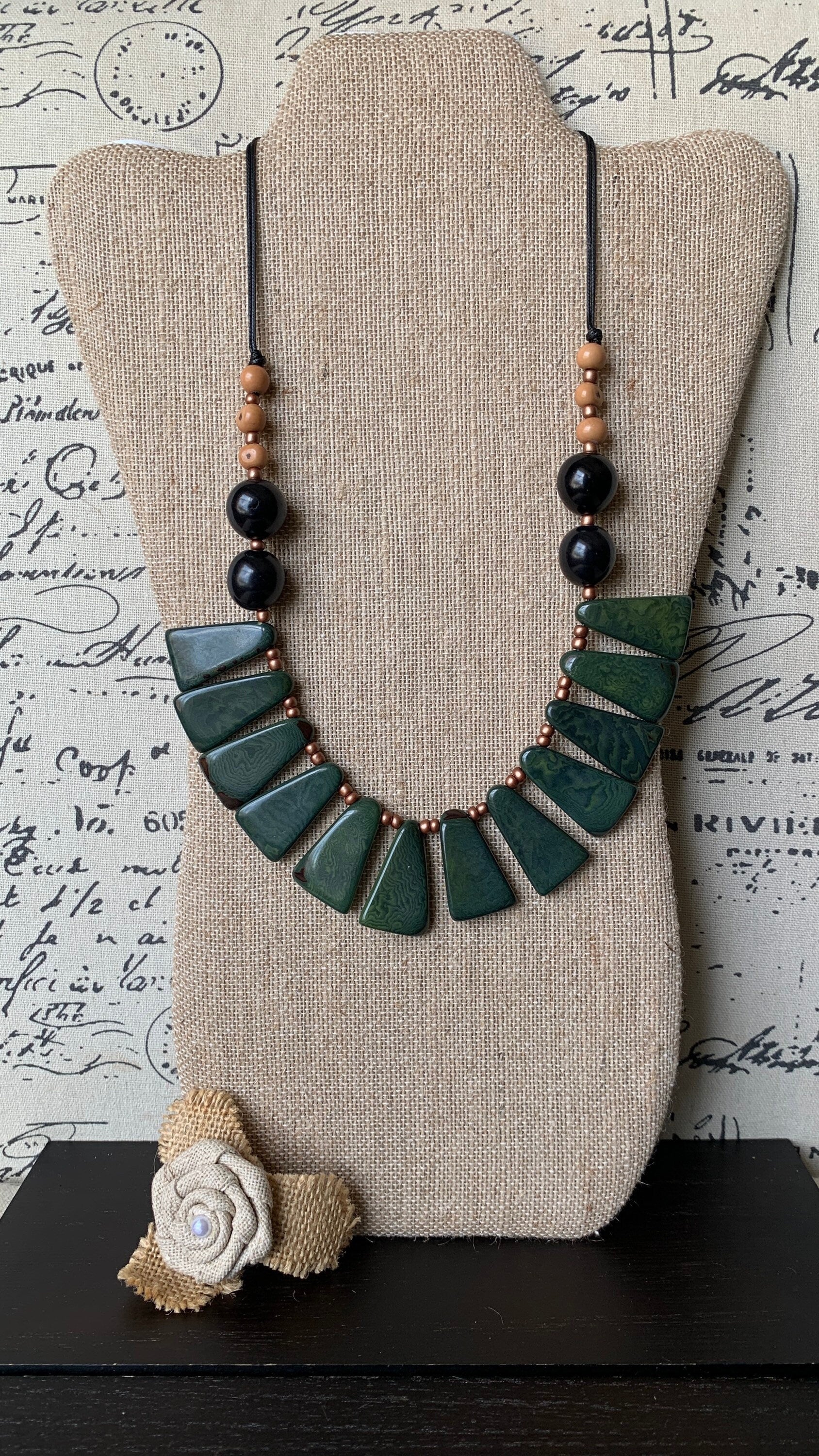 Green statement adjustable Tagua necklace Xmas fashion Holidays gift Big bold chunky necklace Anniversary present Lightweight bib