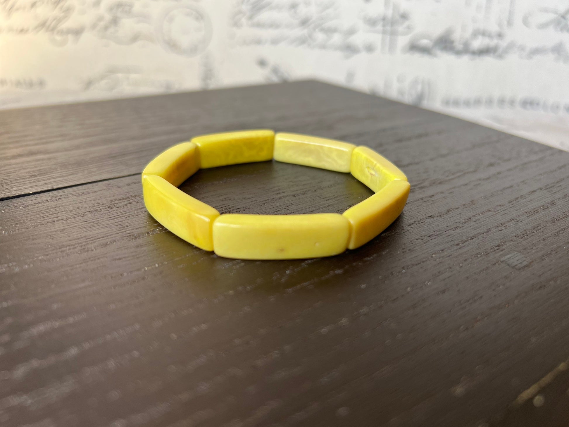 Yellow handmade bracelet Elastic stretch bangle Tagua nut jewelry Fall fashion Adjustable bracelet Geometric bead Resort wear Beach style