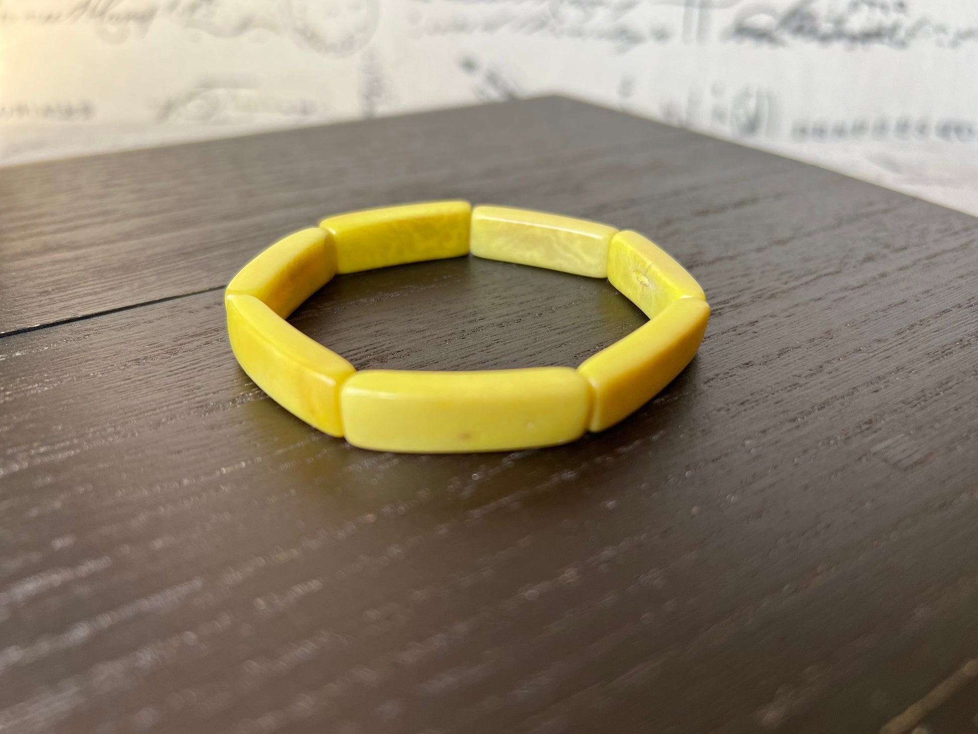 Yellow handmade bracelet Elastic stretch bangle Tagua nut jewelry Fall fashion Adjustable bracelet Geometric bead Resort wear Beach style