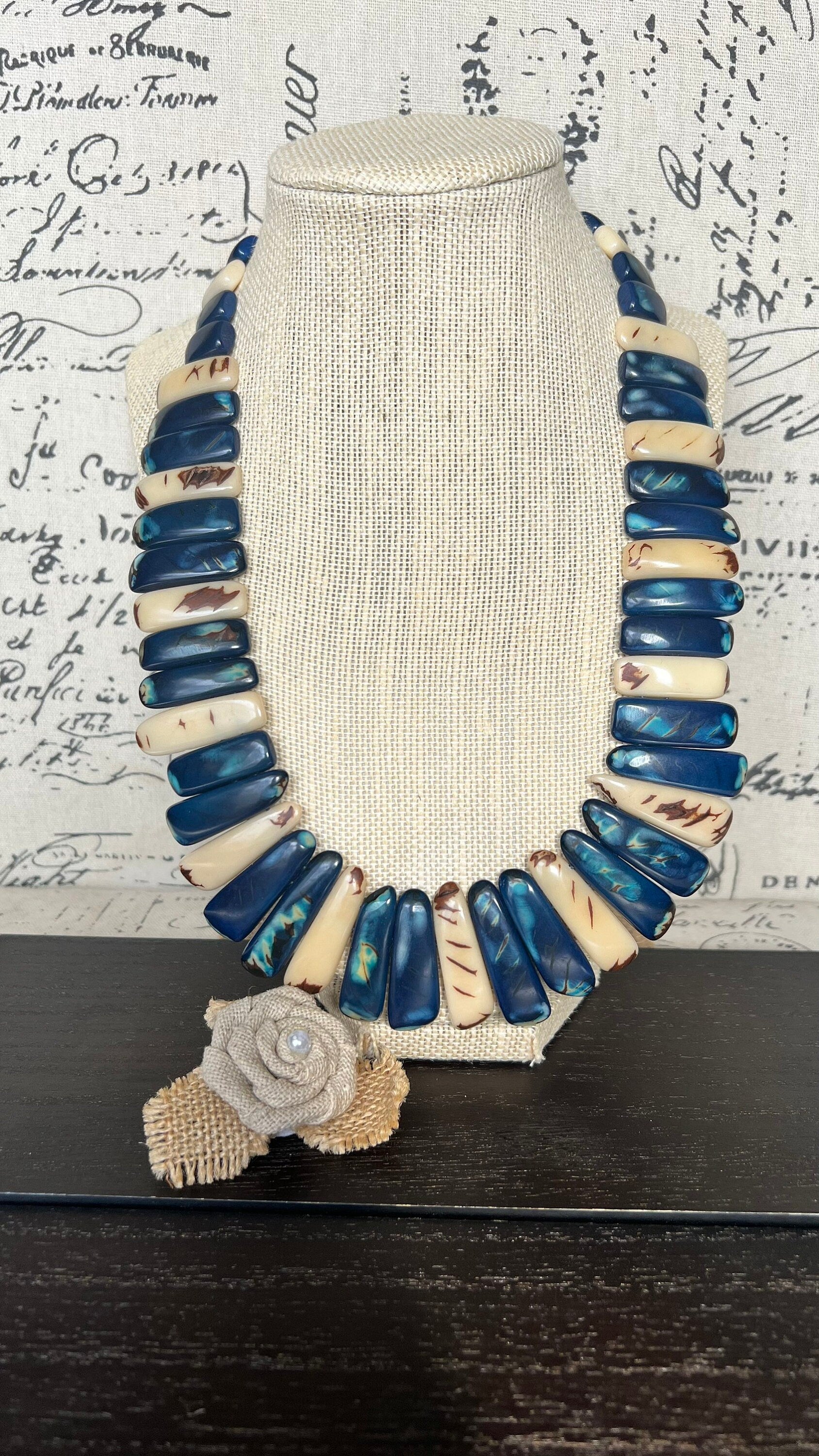 Blue and ivory statement spiked Tagua necklace Spring fashion Beach style Adjustable lightweight beaded necklace Tribal ethnic Mother’s Day