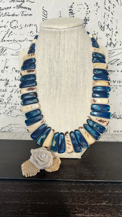 Blue and ivory statement spiked Tagua necklace Spring fashion Beach style Adjustable lightweight beaded necklace Tribal ethnic Mother’s Day