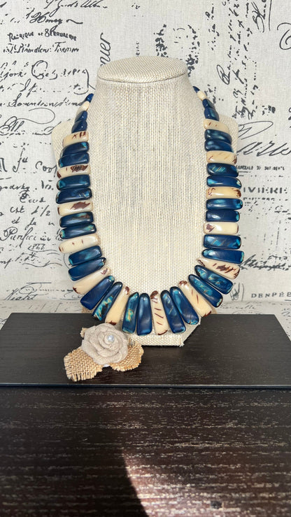 Blue and ivory statement spiked Tagua necklace Spring fashion Beach style Adjustable lightweight beaded necklace Tribal ethnic Mother’s Day