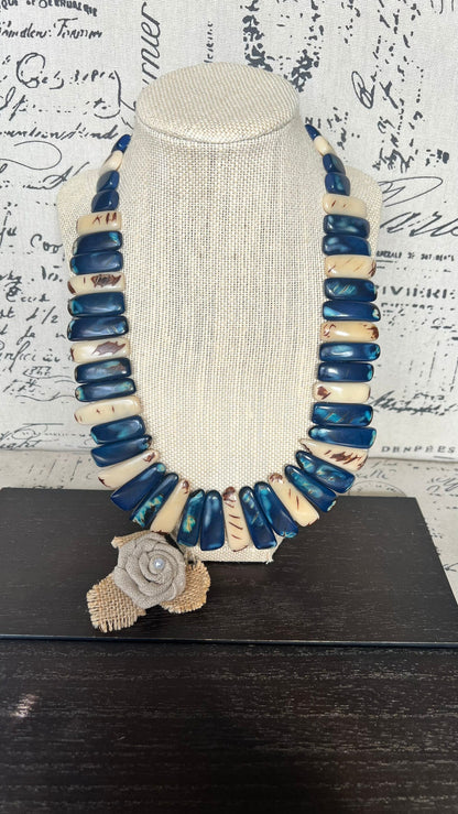 Blue and ivory statement spiked Tagua necklace Spring fashion Beach style Adjustable lightweight beaded necklace Tribal ethnic Mother’s Day